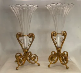 1870′ Paire de Cornets Baccarat Ou Similaires Monture Bronze ,Monogramme a la Couronne
