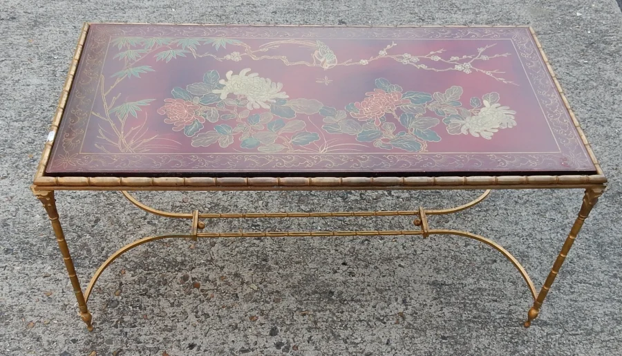 1950/70′ Bronze Coffee Table Palm Tree Decor, Red Chinese Lacquer Top Maison Baguès Style
