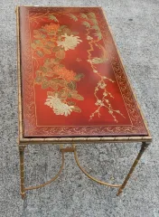 1950/70′ Bronze Coffee Table Palm Tree Decor, Red Chinese Lacquer Top Maison Baguès Style