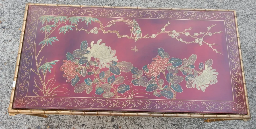 1950/70′ Bronze Coffee Table Palm Tree Decor, Red Chinese Lacquer Top Maison Baguès Style