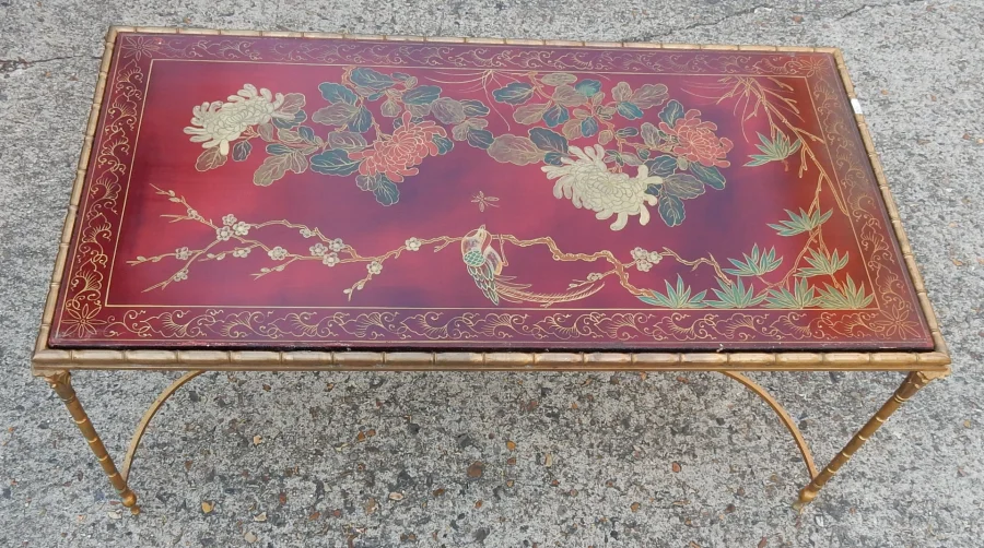 1950/70′ Bronze Coffee Table Palm Tree Decor, Red Chinese Lacquer Top Maison Baguès Style