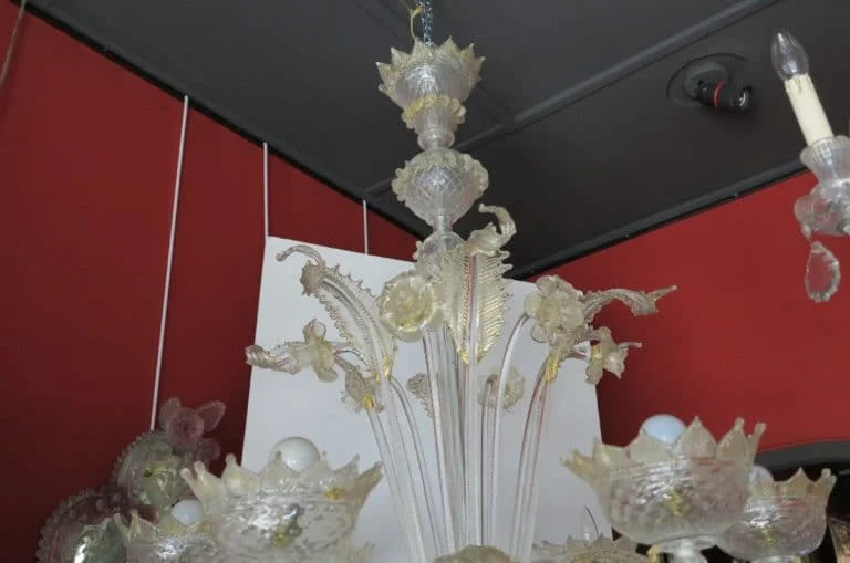 1900/20 Lustre Cristal Murano Avec Inclusions Feuilles d’Or 6 Branches