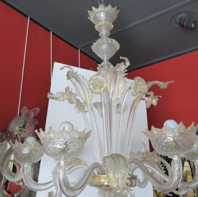 1900/20 Lustre Cristal Murano Avec Inclusions Feuilles d’Or 6 Branches