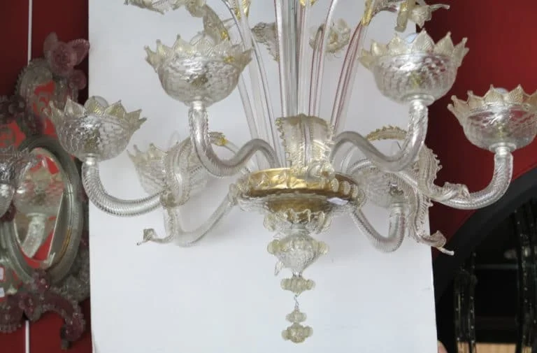 1900/20 Lustre Cristal Murano Avec Inclusions Feuilles d’Or 6 Branches