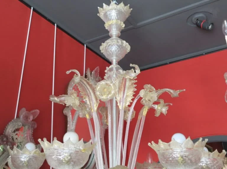 1900/20 Lustre Cristal Murano Avec Inclusions Feuilles d’Or 6 Branches