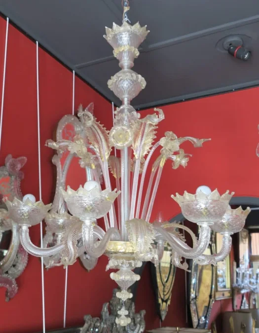 1900/20 Lustre Cristal Murano Avec Inclusions Feuilles d’Or 6 Branches