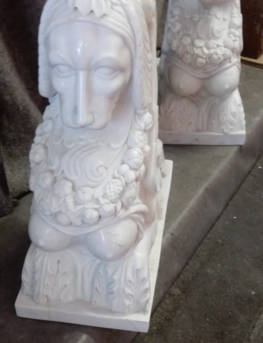 1950′ Pair of Sphinxes In Statuary White Marble