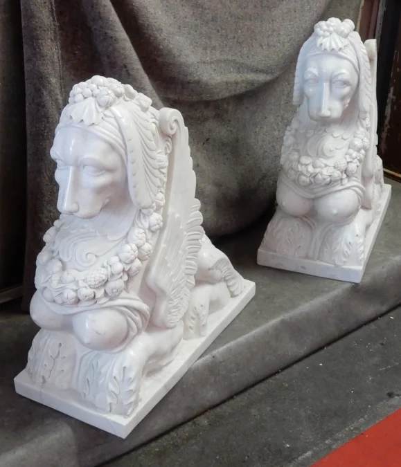 1950′ Pair of Sphinxes In Statuary White Marble