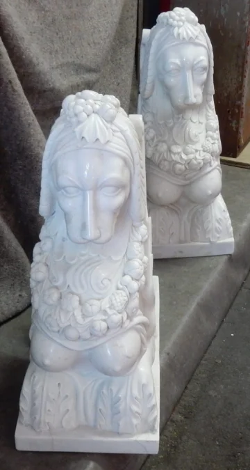 1950′ Pair of Sphinxes In Statuary White Marble