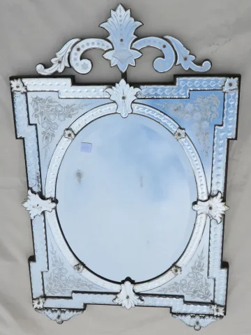 Venice Mirror with Overhanging Corners and Tain Mercure Pediment with Engraved Flowers and Mounting Supports