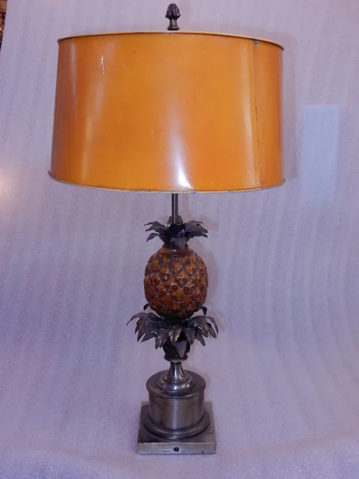 1950/70 Lampe à l’Ananas en Bronze Argenté, Abat-jour en Métal, Signée Charles, Made In France