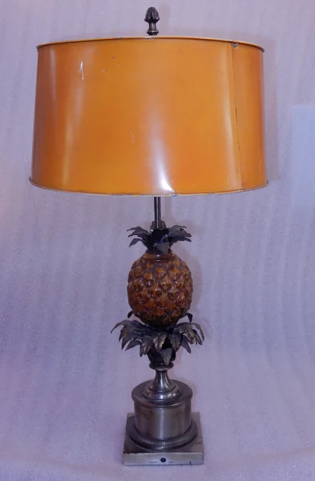 1950/70 Lampe à l’Ananas en Bronze Argenté, Abat-jour en Métal, Signée Charles, Made In France