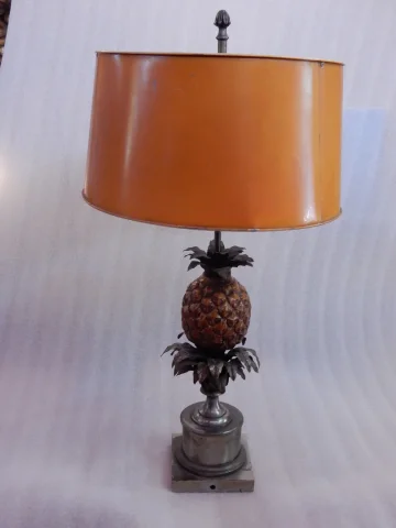 1950/70 Pineapple Lamp in Silver Bronze, Metal Lampshade, Signed Charles, Made In France
