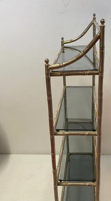 1970′ Nickel Plated Metal Shelf with 4 Tiers Maison Baguès Style Bamboo Decor Trays Smoked Glasses