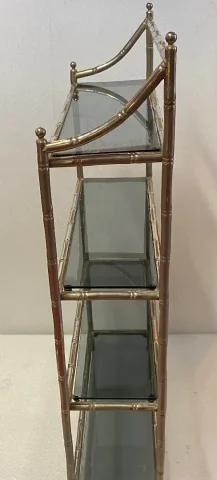 1970′ Nickel Plated Metal Shelf with 4 Tiers Maison Baguès Style Bamboo Decor Trays Smoked Glasses