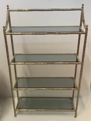 1970′ Nickel Plated Metal Shelf with 4 Tiers Maison Baguès Style Bamboo Decor Trays Smoked Glasses