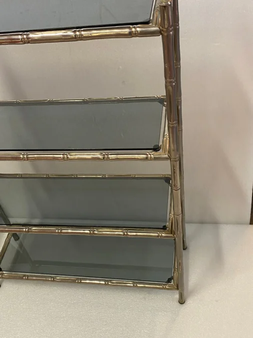 1970′ Nickel Plated Metal Shelf with 4 Tiers Maison Baguès Style Bamboo Decor Trays Smoked Glasses