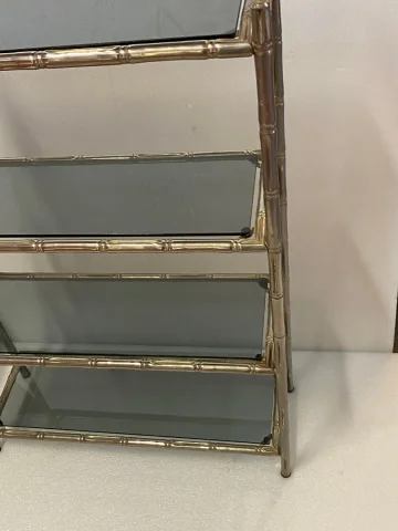 1970′ Nickel Plated Metal Shelf with 4 Tiers Maison Baguès Style Bamboo Decor Trays Smoked Glasses