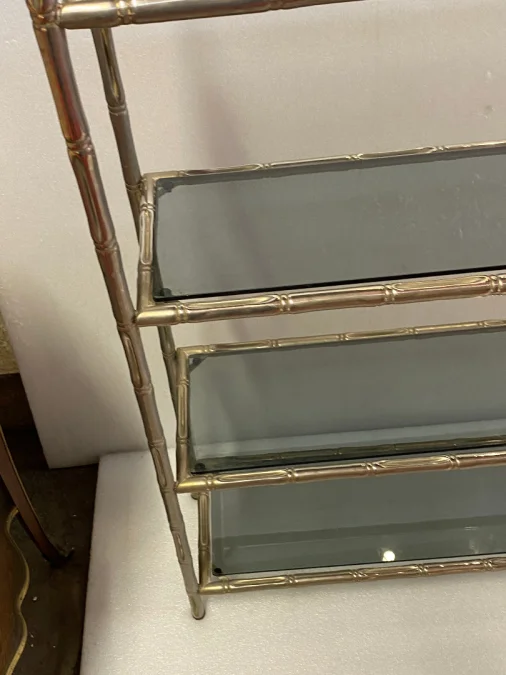 1970′ Nickel Plated Metal Shelf with 4 Tiers Maison Baguès Style Bamboo Decor Trays Smoked Glasses