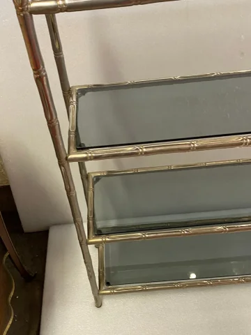 1970′ Nickel Plated Metal Shelf with 4 Tiers Maison Baguès Style Bamboo Decor Trays Smoked Glasses