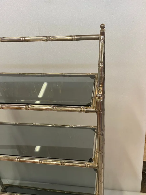 1970′ Nickel Plated Metal Shelf with 4 Tiers Maison Baguès Style Bamboo Decor Trays Smoked Glasses