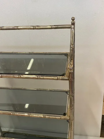 1970′ Nickel Plated Metal Shelf with 4 Tiers Maison Baguès Style Bamboo Decor Trays Smoked Glasses