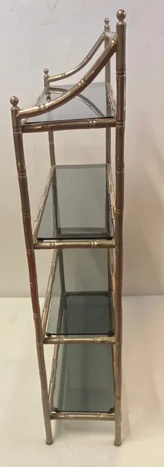 1970′ Nickel Plated Metal Shelf with 4 Tiers Maison Baguès Style Bamboo Decor Trays Smoked Glasses