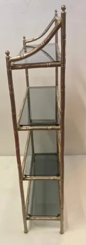 1970′ Nickel Plated Metal Shelf with 4 Tiers Maison Baguès Style Bamboo Decor Trays Smoked Glasses