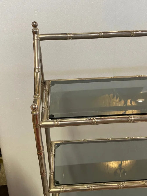1970′ Nickel Plated Metal Shelf with 4 Tiers Maison Baguès Style Bamboo Decor Trays Smoked Glasses