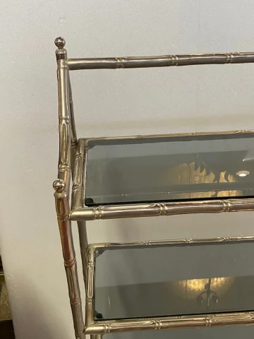 1970′ Nickel Plated Metal Shelf with 4 Tiers Maison Baguès Style Bamboo Decor Trays Smoked Glasses