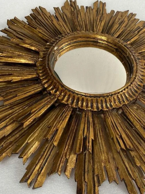 1950′ Miroir Soleil 2 Étages Bois Doré Patiné