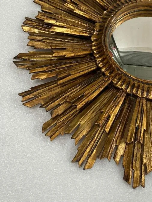 1950′ Miroir Soleil 2 Étages Bois Doré Patiné