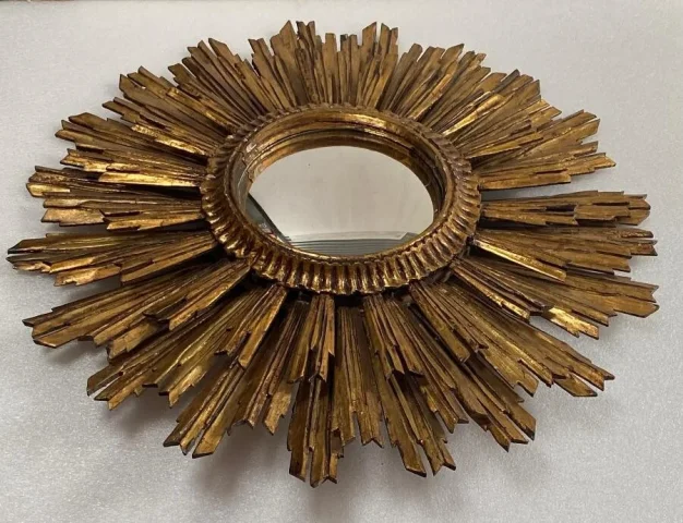 1950′ Sun Mirror 2 Floors Patinated Golden Wood