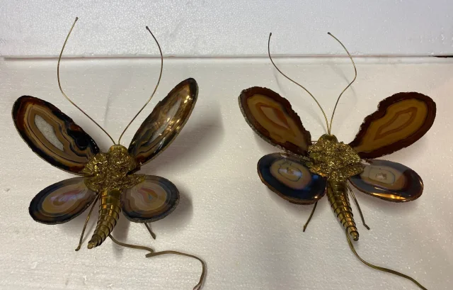 1970’ Paire D’Appliques Papillon en Bronze ou Laiton, Duval Brasseur Ou Isabelle Faure, 1 Ampoule, Ailes d’Agate