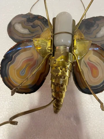 1970’ Paire D’Appliques Papillon en Bronze ou Laiton, Duval Brasseur Ou Isabelle Faure, 1 Ampoule, Ailes d’Agate