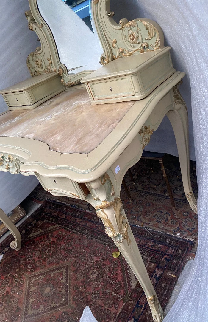 1950′ Painted Wood Dressing Table Crossbow Shape Signed A. Bastet A Lyon