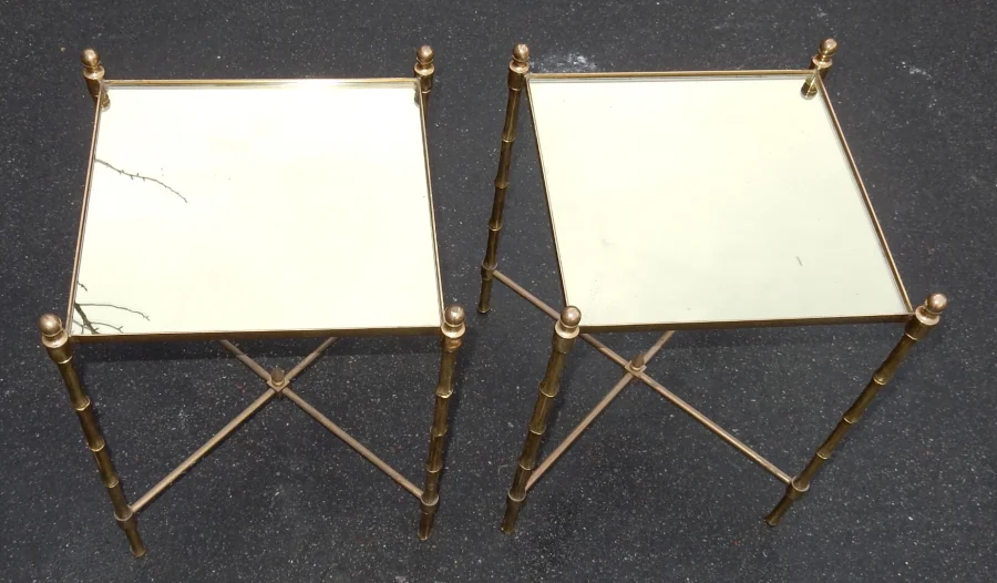 1970s Pair of Rectangular Side Tables by Maison Baguès, Gilded Bronze with Gilded Mirror Tops