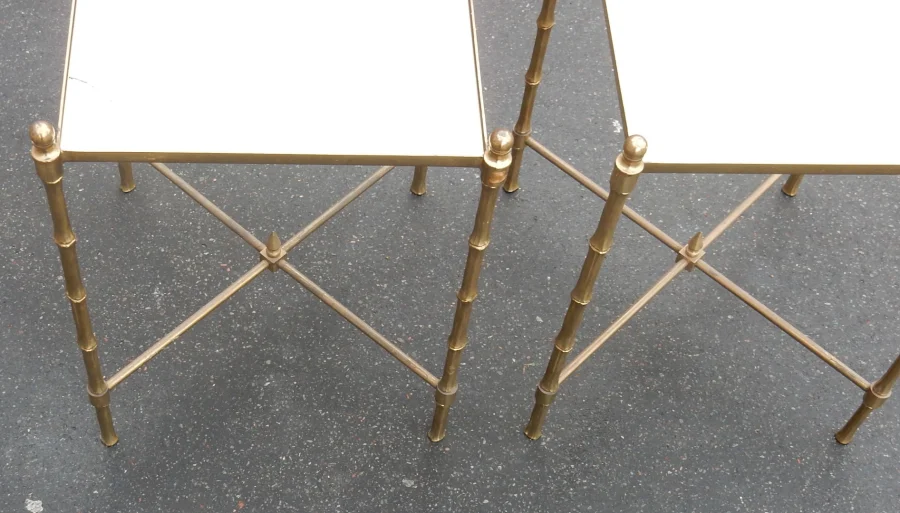 1970s Pair of Rectangular Side Tables by Maison Baguès, Gilded Bronze with Gilded Mirror Tops
