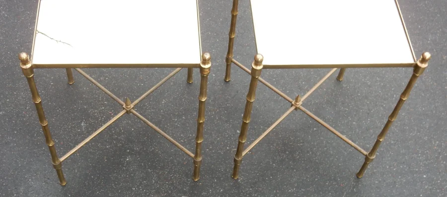 1970s Pair of Rectangular Side Tables by Maison Baguès, Gilded Bronze with Gilded Mirror Tops