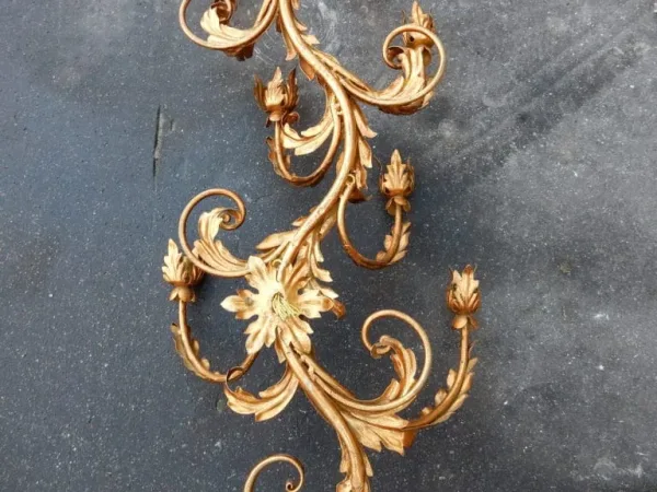 1970′ 2 Paires d’Appliques Fer Doré Fleurs et Feuillage à 8 Ampoules