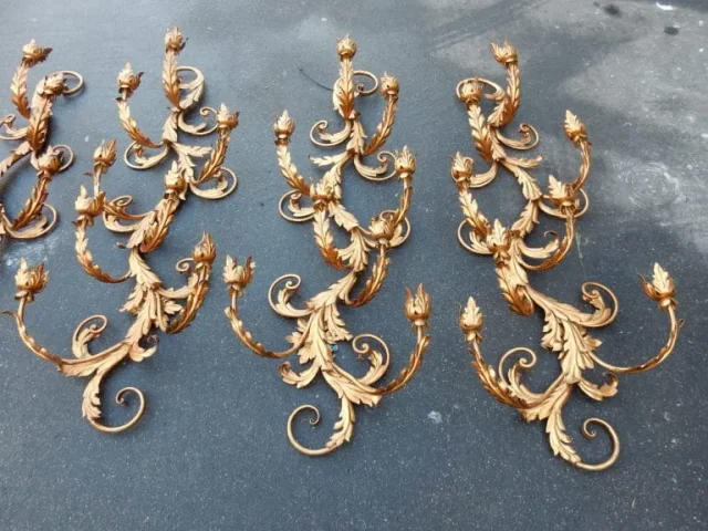 1970′ 2 Paires d’Appliques Fer Doré Fleurs et Feuillage à 8 Ampoules