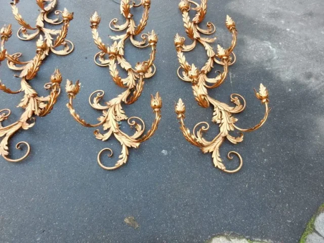 1970′ 2 Paires d’Appliques Fer Doré Fleurs et Feuillage à 8 Ampoules