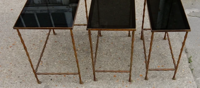 1950/70′ Series of 3 Nesting Tables Bamboo Model with Claw Feet Maison Baguès