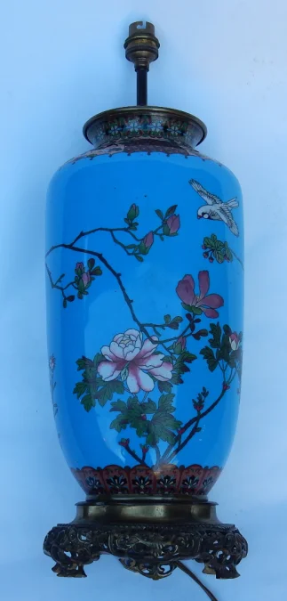 1890′ Lampe Cloisonnée Japon Aux Oiseaux et Fleurs