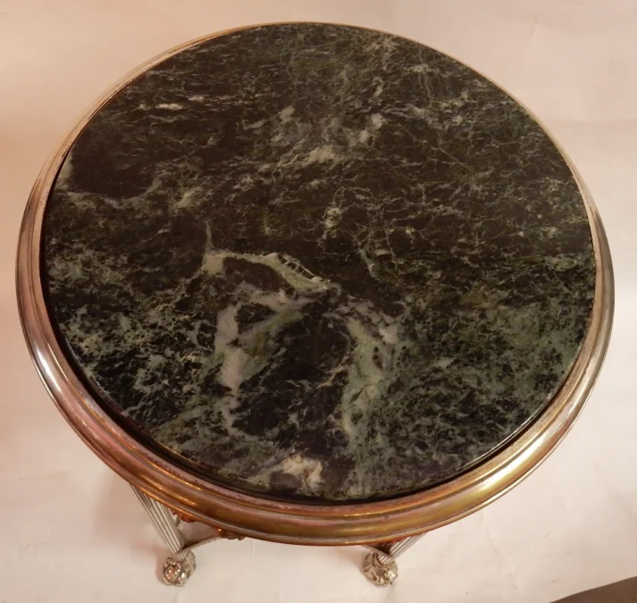 1900′ Guéridon En Métal Argenté Marbre Vert