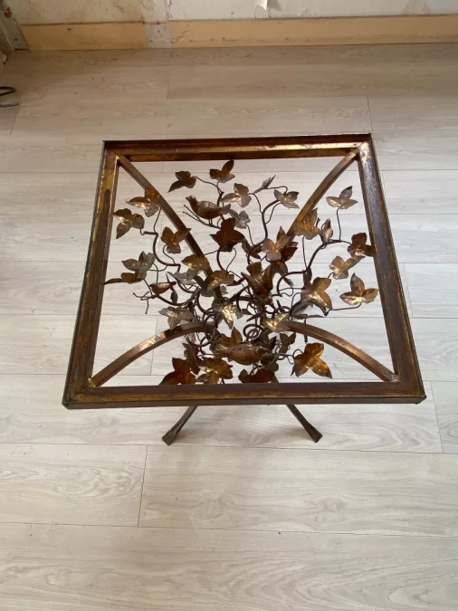 1970′ Patinated Iron Gueridon with Vegetal and Bird Deco