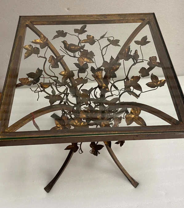 1970′ Patinated Iron Gueridon with Vegetal and Bird Deco