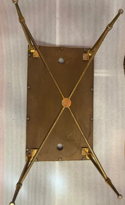 1950/70′ Bout de Canapé Bronze, Plateau Marbre Ou Onyx Bleu Et Rouille Maison Charles Signé Avec Entretoise