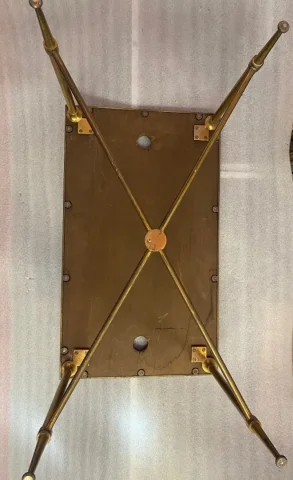 1950/70′ Bout de Canapé Bronze, Plateau Marbre Ou Onyx Bleu Et Rouille Maison Charles Signé Avec Entretoise