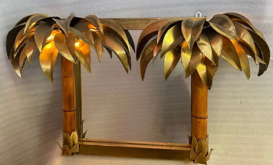 1970′ Mirror With Illuminating Palm Trees Golden Brass Unique and Original Piece By Barbier, Jansen, Fernandez, Faure, Bamboo Trunks